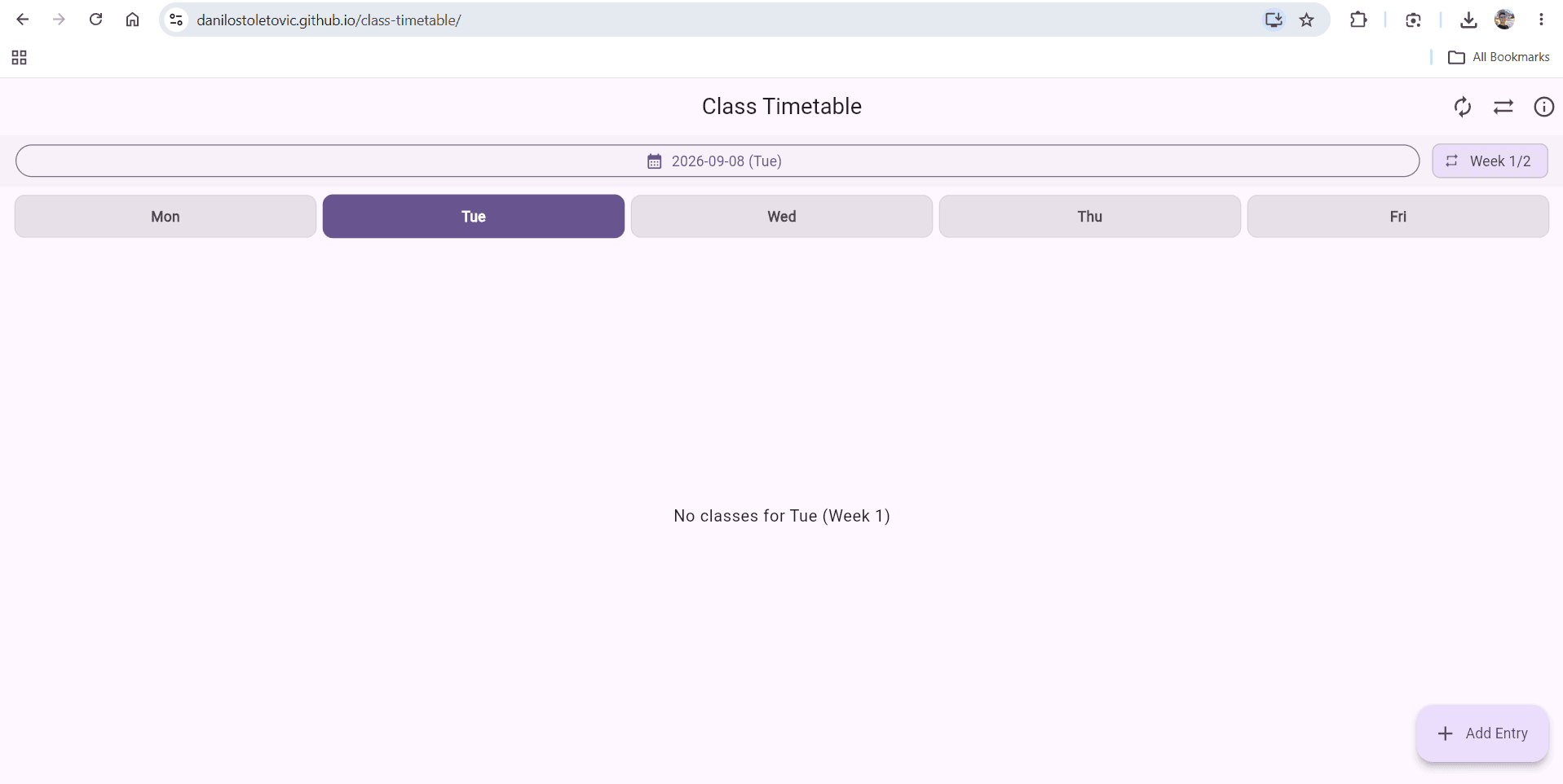 Class Timetable running in a web browser with the same weekday tabs and rotation week indicator