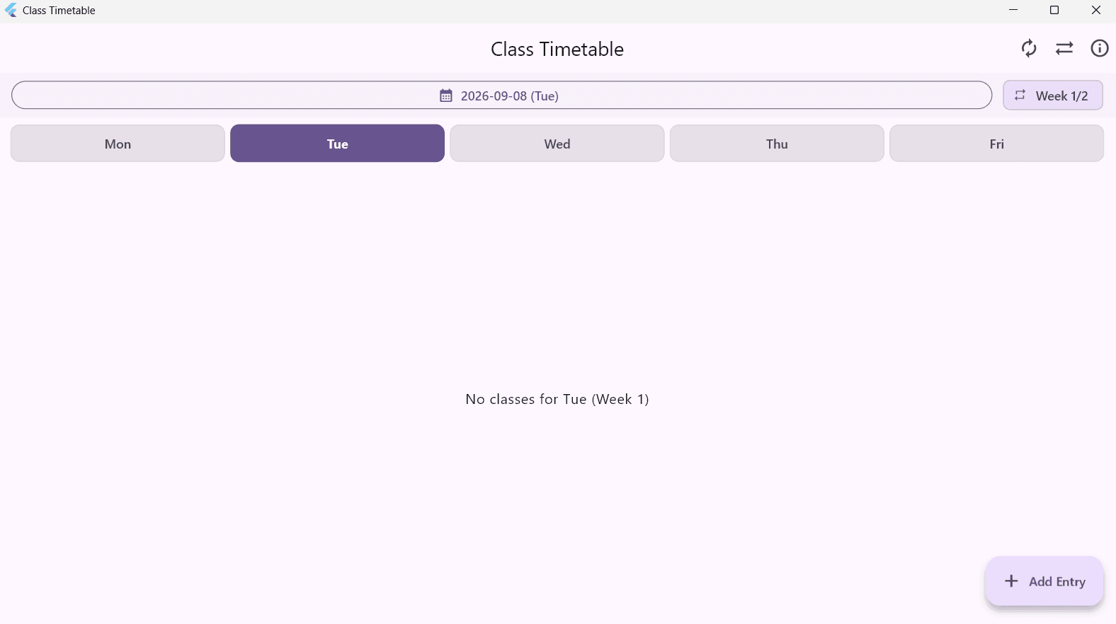 Class Timetable on Windows: weekday tabs from Monday to Friday, a date picker, a week 1 of 2 indicator and an Add Entry button