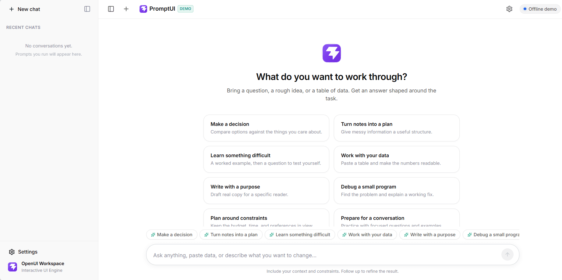PromptUI demo with starter tasks for decisions, plans, learning and data exploration