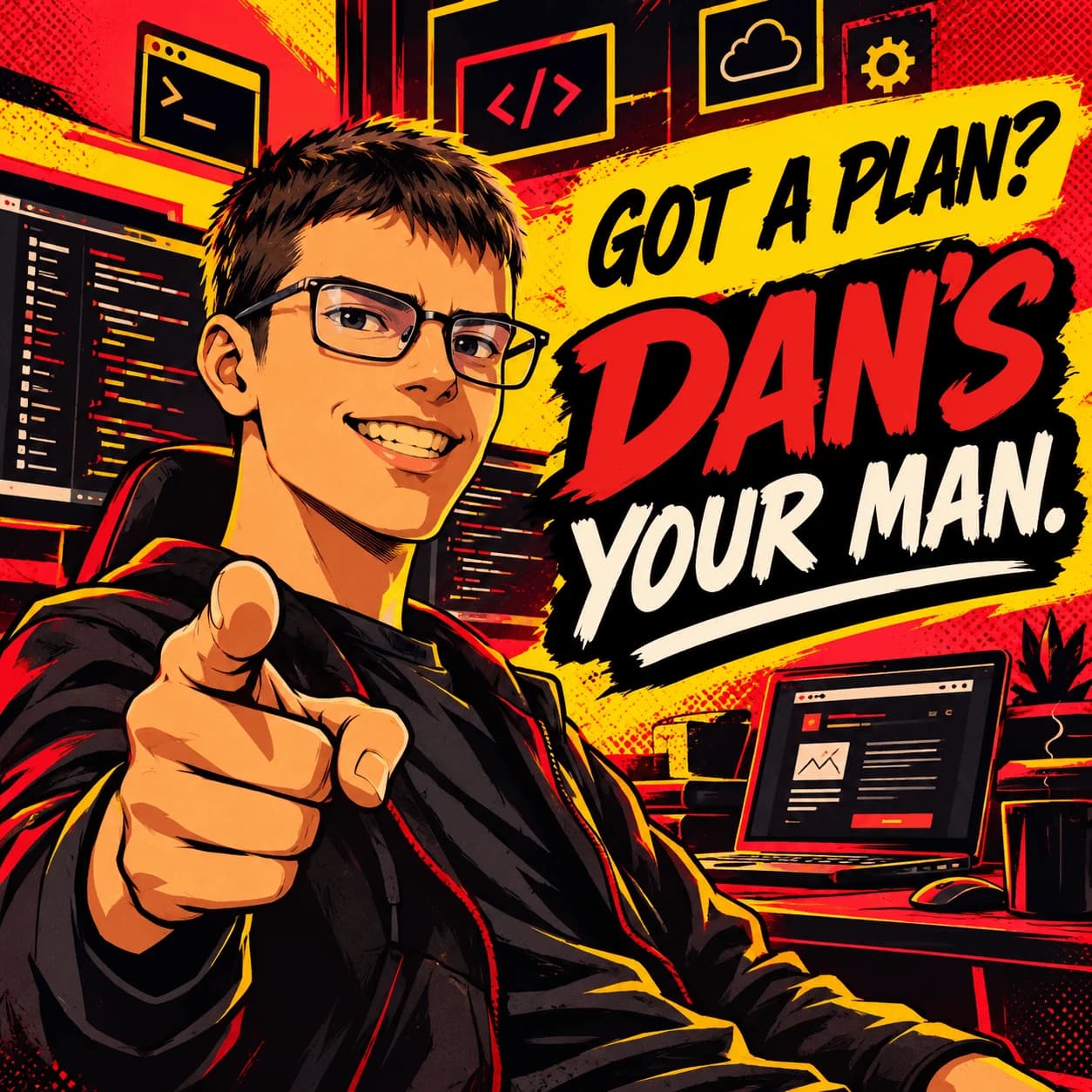 Illustration von Dan, der vor seinem Code-Editor auf den Betrachter zeigt, neben dem Slogan „Du hast den Plan? Dann ran mit Dan.“